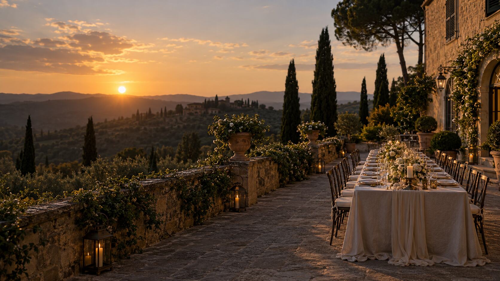 Una lunga tavola allestita sulla terrazza di una villa italiana al tramonto
